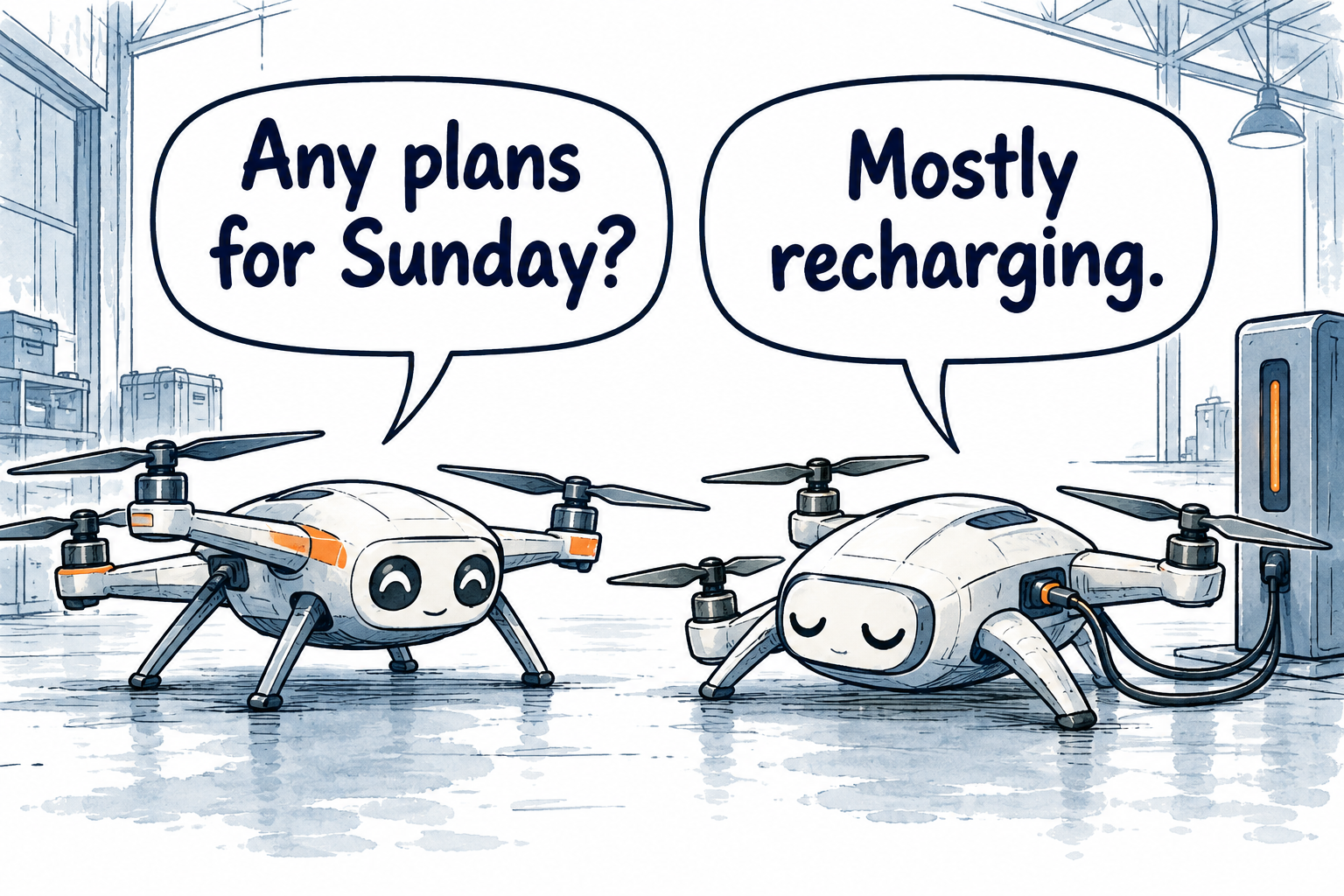 Two friendly drones at a charging station. One asks, ‘Any plans for Sunday?’ The other replies, ‘Mostly recharging.’